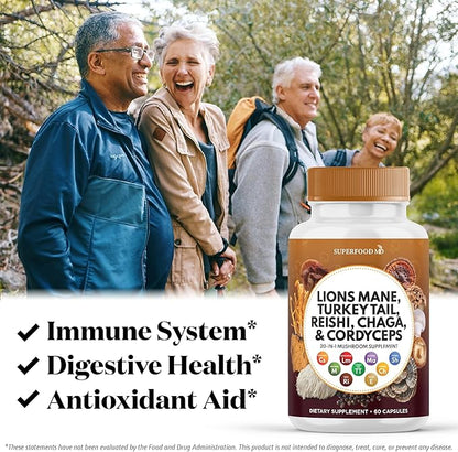 Lions Mane Mushroom Supplement with Turkey Tail Reishi Cordyceps Chaga with Marshmallow Root - 180 Count