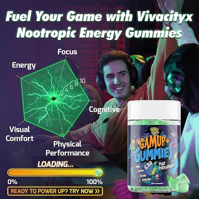 Energy and Focus Gummies - Natural Caffeine Nootropics Supplement - Brain, Eye, and Bone Complex - Sugar-Free Peppermint - for Gamers, Workers, and Active Lifestyles - 60 Gummies