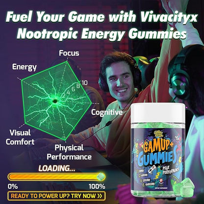 Energy and Focus Gummies - Natural Caffeine Nootropics Supplement - Brain, Eye, and Bone Complex - Sugar-Free Peppermint - for Gamers, Workers, and Active Lifestyles - 60 Gummies