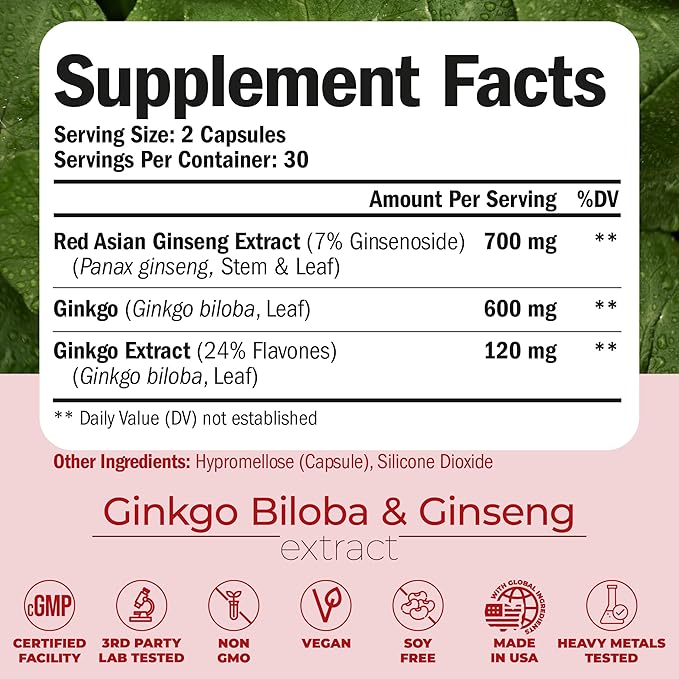 Ginseng Extract & Ginkgo Biloba Supplements - Extra Strength Nootropics Brain Support Supplement for Memory & Focus - Panax Ginseng Root 800mg + Gingko 600mg + Ginkgo Biloba 120mg Extract. 60 capsules