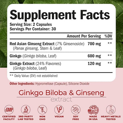 Ginseng Extract & Ginkgo Biloba Supplements - Extra Strength Nootropics Brain Support Supplement for Memory & Focus - Panax Ginseng Root 800mg + Gingko 600mg + Ginkgo Biloba 120mg Extract. 60 capsules