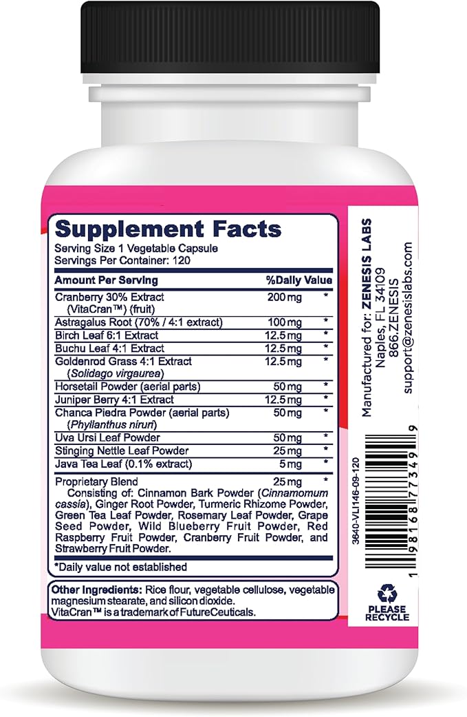 Zenesis Labs Kidney Cleanse Detox Flush & Repair Urinary Tract Support, Natural Cranberry Extract Herbal Supplement Blend (120 Capsules/Bottle) 60 Day Supply