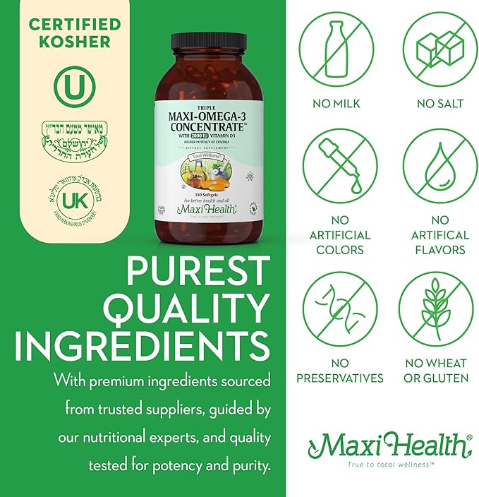 Omega 3 Supplement - Omega-3 Fish Oil Triple Concentrate with Vitamin D3 - Potent Source of EPA/DHA Fatty Acids - Heart, Brain, Joint Health - Kosher Certified Wild Caught Marine Fish - 180 Softgels