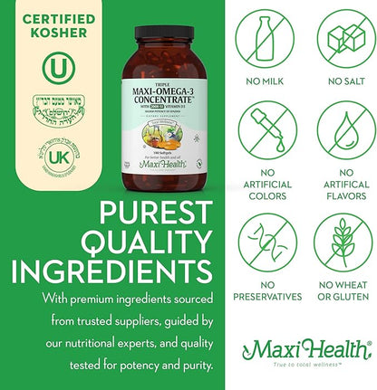Omega 3 Supplement - Omega-3 Fish Oil Triple Concentrate with Vitamin D3 - Potent Source of EPA/DHA Fatty Acids - Heart, Brain, Joint Health - Kosher Certified Wild Caught Marine Fish - 180 Softgels