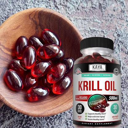 Kaya Naturals - Antarctic Krill Oil 500mg with Omega 3, EPA, DHA, Phospholipids & Astaxanthin Supplement - Brain & Health Vitamin - Anti Aging Supplement - 30 Count Softgels