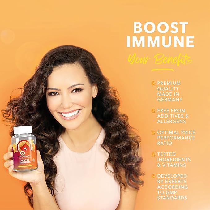 ﻿﻿Immune Support Gummies - Daily Immune Booster with 8 Essential Immune Nutrients - Vitamins B2, B6, B12, C, D2, E & Biotin - EU Certified Vegan Supplement - 60 Fruit-Flavored Gummies