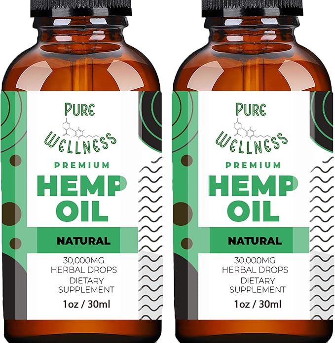 Pure Wellness Hemp Seed Oil Drops Peppermint Flavor for Improved Cognitive Function, Omega 3 6 9 Fatty Acids, Organic, Non-GMO, Vegan (Natural Hemp, 2-Pack)