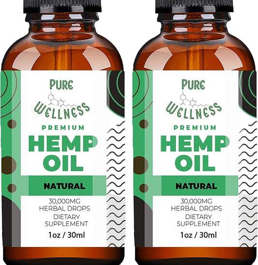 Pure Wellness Hemp Seed Oil Drops Peppermint Flavor for Improved Cognitive Function, Omega 3 6 9 Fatty Acids, Organic, Non-GMO, Vegan (Natural Hemp, 2-Pack)