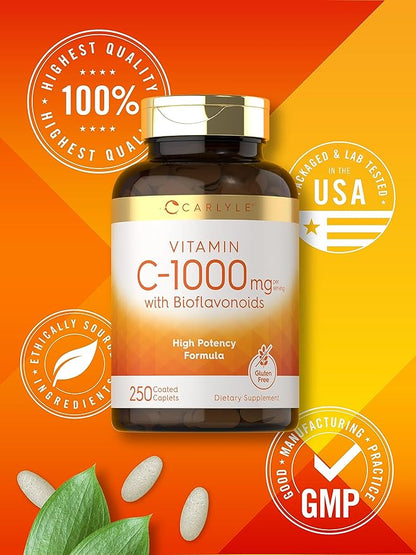 Carlyle Vitamin C 1000mg with Bioflavonoids | 250 Caplets | with Rose HIPS | Vegetarian, Non-GMO, Gluten Free Supplement