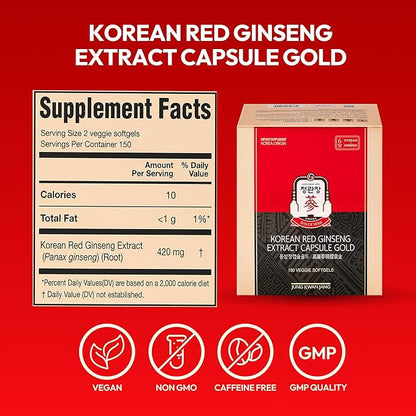 Korean Red Ginseng Extract Capsule Gold - Vegan Energy Supplements - Energy Boost & Immune Support, Caffeine Free & Non-GMO (600mg, 150 Capsules)
