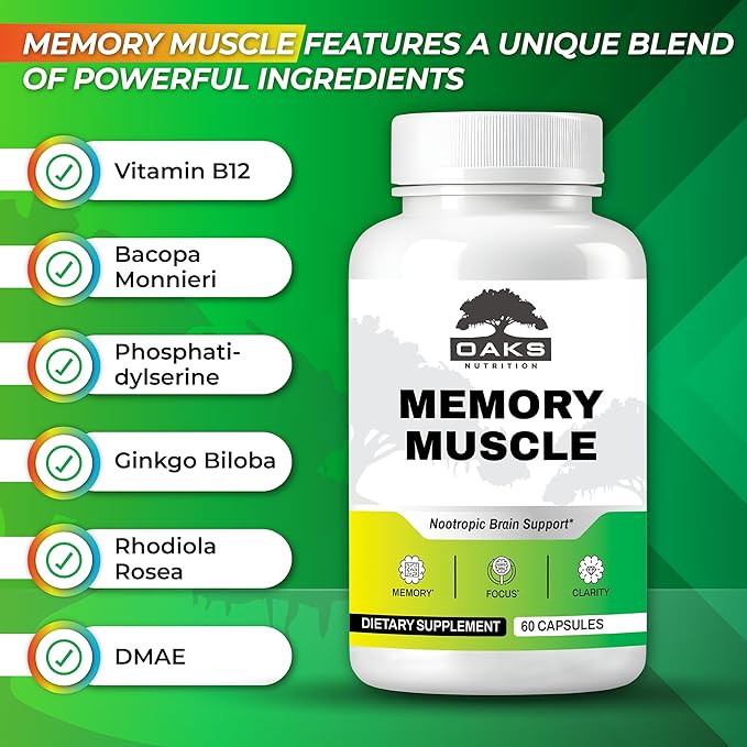 Memory Muscle - Premium Memory Support Supplement with Nootropics for Enhanced Focus & Mental Clarity - Featuring B12 for an Added Energy Boost