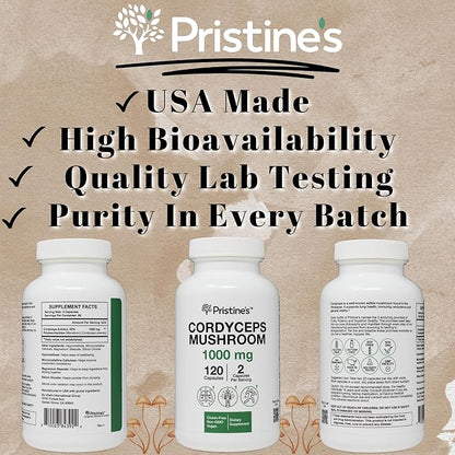 PRISTINE'S Cordyceps Mushroom Capsules - 60 Day Supply 1000 MG - Athletic Performance, Endurance & Immunity Adaptogen Supplement - Anti Aging Support Antioxidant