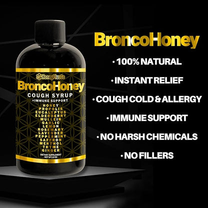 HoneyPlusCo | Honey&Herbs - Natural Honey Cough & Cold Relief +Immune Support - BroncoHoney (Reinforced with Propolis, Garlic, Lemon, Mint, Eucalyptus & More for Cough, Cold, Allergy) - 12 Oz