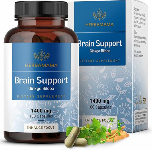 HERBAMAMA Brain Support Capsules - 1400mg Energy and Brain Support Supplement for Adults with Bacopa, Panax Ginseng and Ginkgo Biloba - Vegan, Non-GMO Focus Supplement, 100 Caps