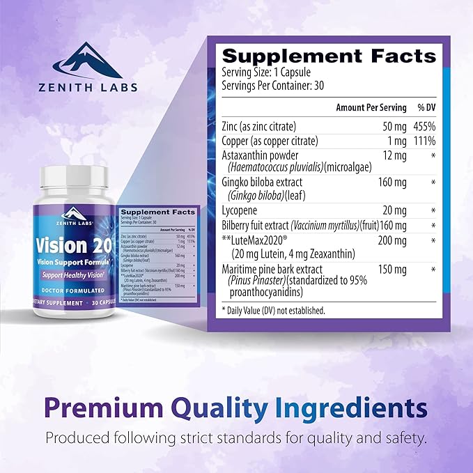 Zenith Labs Vision 20 Eye Vitamins - Lutein, Zeaxanthin, and Bilberry Extract - Supports Eye Strain, and Eye Health - Carotenoid Blend, 3 Pack