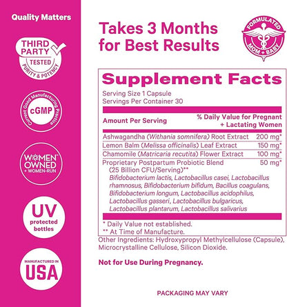 Pink Stork Probiotics for Postnatal Women - 30 Billion CFUS with Ashwagandha and Chamomile, Postpartum Essentials for Hormone Balance, Mood Support, Gut Health, Digestive Wellness, 30 Capsules