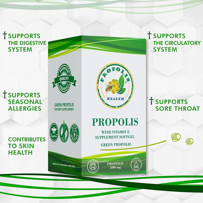 Propolis Health Propolis Capsules 1000mg-Daily with Vitamin E Per 2 Capsules - Brazilian Green Propolis Extract - Immune Booster 50 Days Supply Propolis Capsules (100 Capsules)