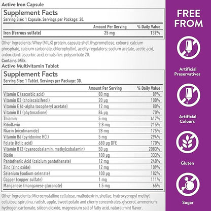 Active Iron Supplement for Women + Complete Multivitamin, 30 Non-Constipating, Gentle on Stomach Capsules + 30 Womens Multivitamin Tablets, Clinically Proven to Increase Iron & Energy Levels (2 Pack)
