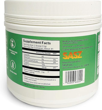 SASZ Hydrolyzed Bovine Collagen Peptides Powder 1lb Jar Clean Collagen Unflavored Grass-Fed Non-GMO Kosher Highly Soluble Protein