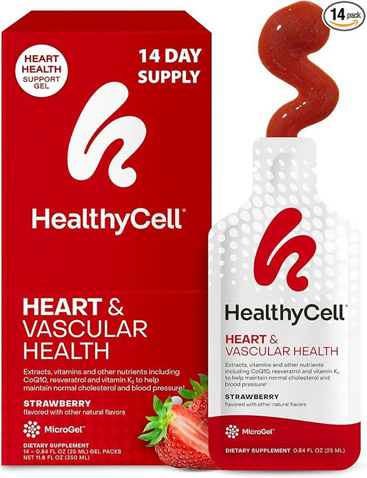 Healthycell Heart & Vascular Health Daily Liquid Supplement - Blood Pressure & Cholesterol Support with Beet Root Powder, Resveratrol, CoQ10, Omega-3 & Vitamin K - 14 Gel Packs