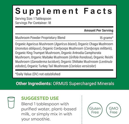 Global Healing Organic Mushroom Powder Supplement Blend 9.5 Ounces - Cordyceps, Chaga, Reishi, Turkey Tail Mushroom for Immune and Gut Health - Nootropic Focus Supplement Superfood