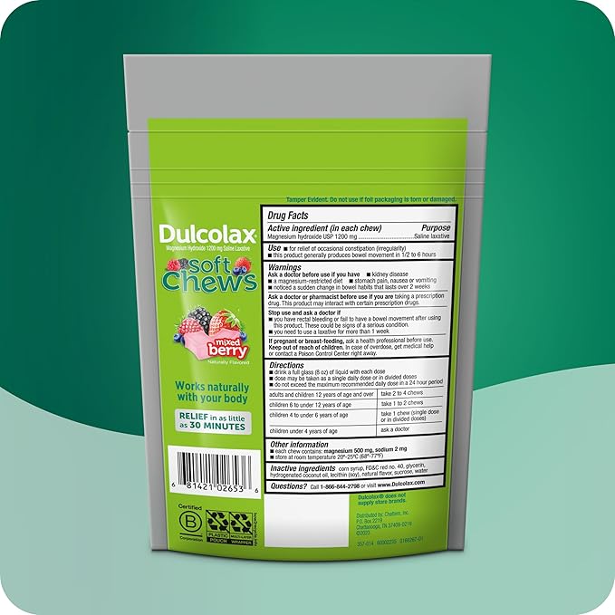 Dulcolax Saline Laxative Soft Chews, Fast-Acting Laxative, Gentle Constipation Relief, Mixed Berry Flavor, Magnesium Hydroxide 1200 mg, 30 Count, Occasional Constipation.