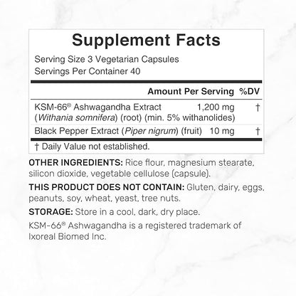KSM 66 Ashwagandha 1,200mg with Black Pepper, 120 Veggie Capsules – Extra Strength Root Extract – High Absorption – Adaptogenic Supplements for Relaxation, Energy, & Brain Health – Non-GMO
