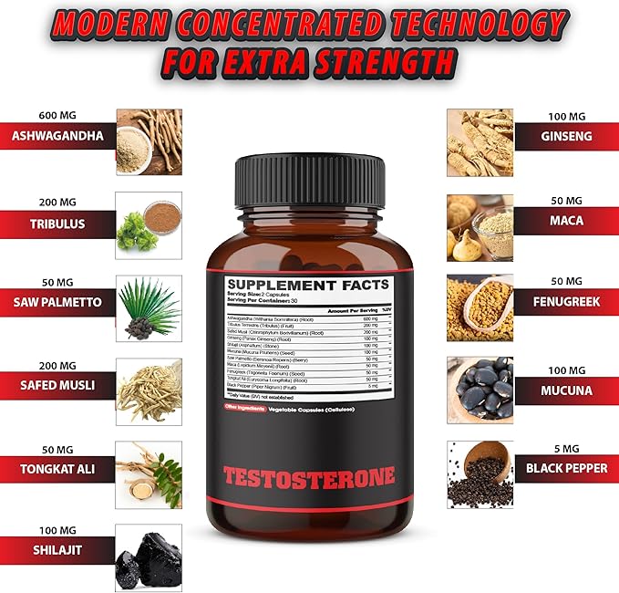 Testosterone Supplement for Men with Ashwagandha, Tribulus, Ginseng & More - 11 Herbs - Strength Support - 60 Vegan Capsules 1 Month Supply