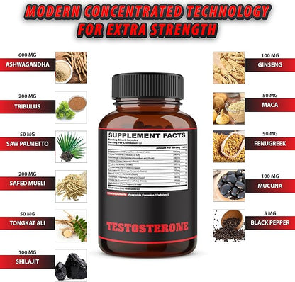 Testosterone Supplement for Men with Ashwagandha, Tribulus, Ginseng & More - 11 Herbs - Strength Support - 60 Vegan Capsules 1 Month Supply