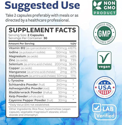 Thyroid Support with Iodine (Non-GMO) Improve Your Energy & Mood - Metabolism Booster Thyroid Health Supplement for Women and for Men - Ashwagandha, Zinc, B12 Complex - 60 Capsules
