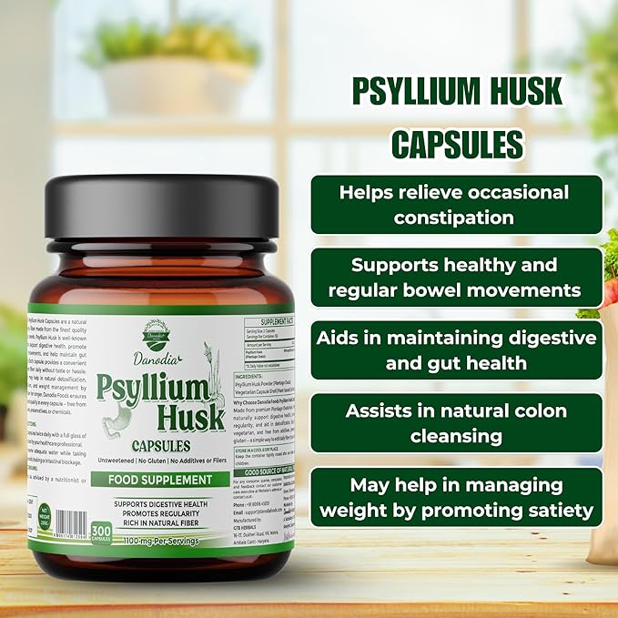 Danodia Foods Psyllium Husk Capsules – 300 Count | Veg Capsules | No additives or Filers | Gluten-Free, Non-GMO | Natural Fiber Supplement | No Artificial Colors or Preservatives