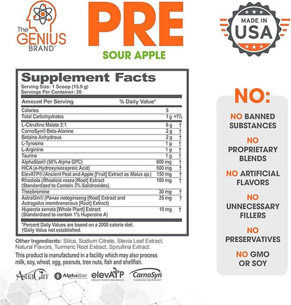 Genius Pre Workout Powder, Sour Apple - All-Natural Nootropic Pre-Workout & Caffeine-Free Nitric Oxide Booster Supplement with Beta Alanine & Alpha GPC - No Artificial Flavors, Sweeteners, or Dyes