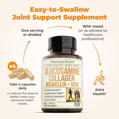 Vimerson Health Glucosamine Chondroitin MSM with Hydrolyzed Collagen Peptides - Joint Support Supplement with Quercetin, Bromelain & Boswellia Extract - Collagen Pills for Hair Skin Nails - 2 Pack