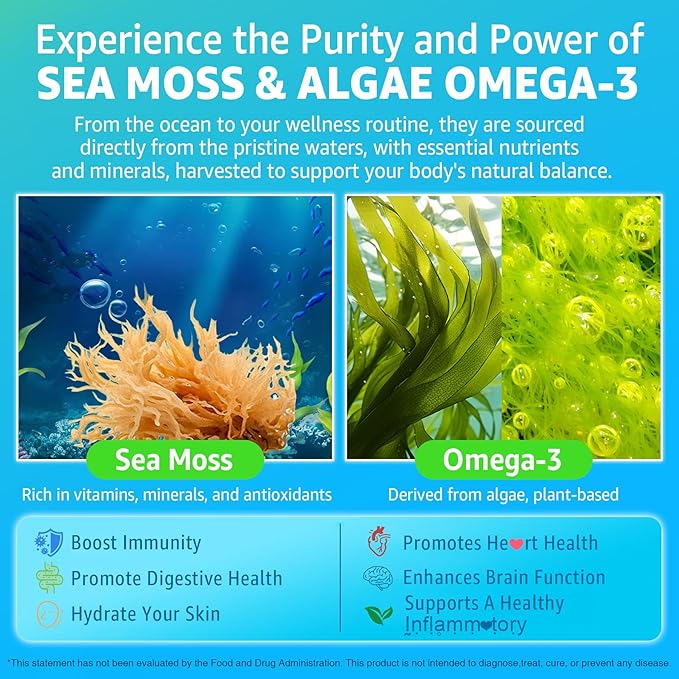Sea Moss Gummies + Omega-3 (Made in USA) Vegan for Man Women, Organic Irish Seamoss Supplement w/Ashwagandha, Turmeric, Vitamin D3 B12 C, Burdock Root, Bladderwrack, for Brain, Energy, Immunty, 120Cts