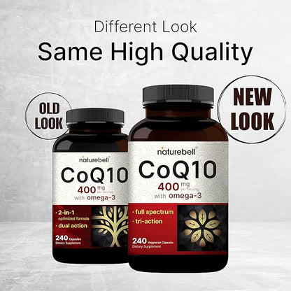 NatureBell CoQ10 400mg with Omega 3 Fatty Acids, 240 Capsules | Stable High Absorption Form – Antioxidant Support for Heart & Energy Health – Extra Strength Coenzyme Q10 Supplement