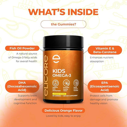 Kids Omega 3 Gummies - DHA & EPA Fish Oil Supplement for Brain, Vision & Immune Health - Non-GMO, Gluten-Free Orange Flavor Chewable Omega 3 for Kids Gummy 4+ - 60 Count
