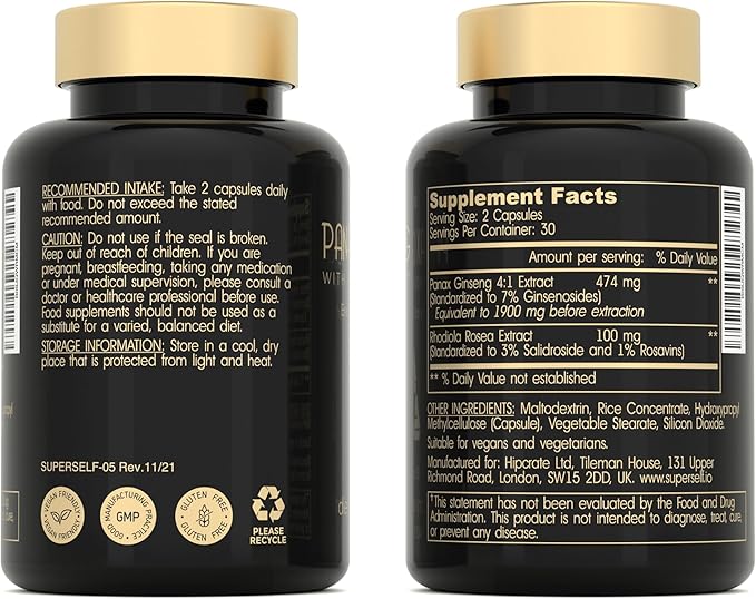 Panax Ginseng and Rhodiola Rosea 2000mg - Korean Ginseng High Strength 60 Capsules - Herbal Supplement for Men & Women - Energy Complex with Ginseng Root Extract Standardized 7% Ginsenosides - US Made