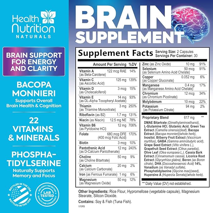 Brain Supplements for Memory and Focus - Extra Strength Nootropic Capsules for Concentration, Alertness, Cognitive Support - Phosphatidylserine, Brain Health Vitamins B6 C E Zinc - 60 Capsules