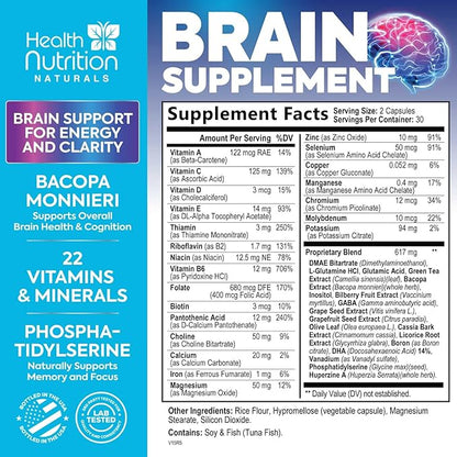 Brain Supplements for Memory and Focus - Extra Strength Nootropic Capsules for Concentration, Alertness, Cognitive Support - Phosphatidylserine, Brain Health Vitamins B6 C E Zinc - 60 Capsules