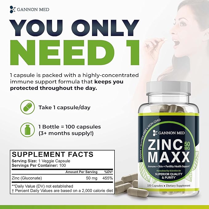 Zinc Maxx - 100 Capsules, Zinc Gluconate Immune Booster for Reproductive Health and Skin Care - 3+ Month Supply