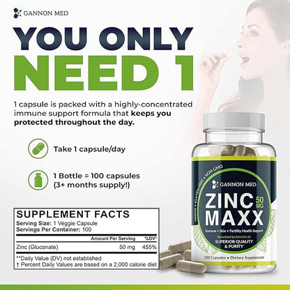 Zinc Maxx - 100 Capsules, Zinc Gluconate Immune Booster for Reproductive Health and Skin Care - 3+ Month Supply