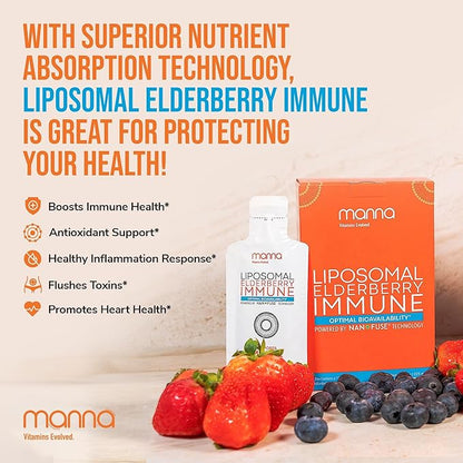 Manna Liposomal Elderberry Immune Packets – Vitamins C, D, Zinc, Echinacea & Ginger - Daily Immune Support for Adults & Kids - Sugar Free, Real Elderberry Extract & Syrup, Travel-Friendly, 15 Pack