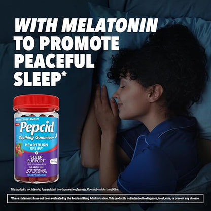 Pepcid Soothing Gummies, Heartburn Relief + Sleep Support Gummies Help Occasional Heartburn, Upset Stomach, Acid Indigestion + Sleeplessness, Calcium & Melatonin, Strawberry, 32 ct