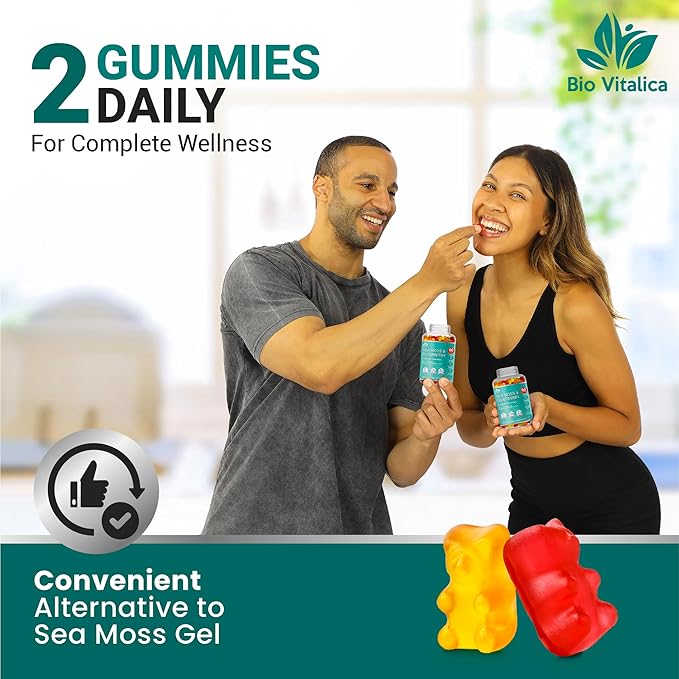 BIO VITALICA Sea Moss Gummies Elderberry BioVitalica - Vitamin C D + Zinc - Irish Seamoss Vegan Gummy with Sea Moss Gel & Powder for Immunity, Detox - for Adults and Kids (2Packs)