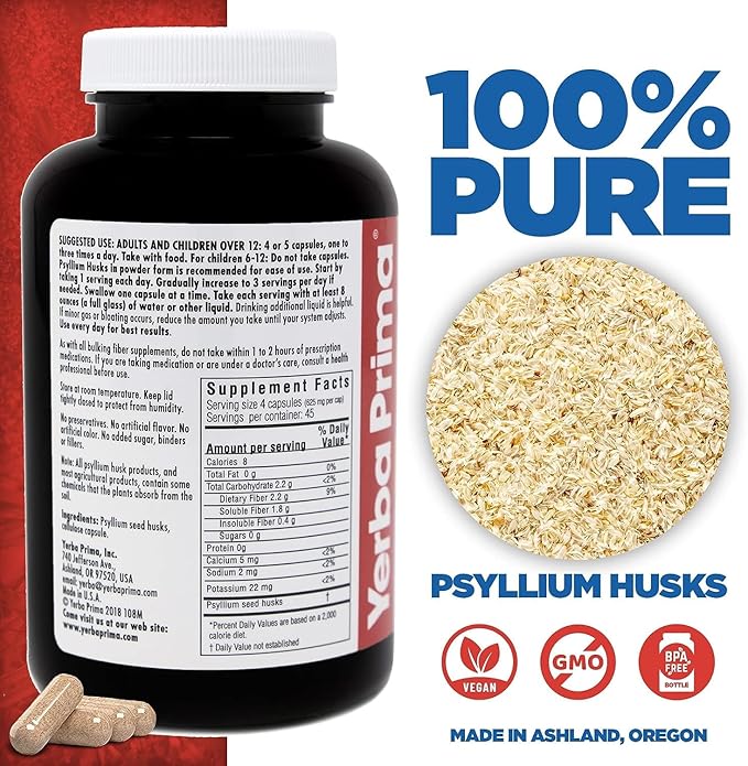 Yerba Prima Fiber Psyllium Husks - 180 Veg Caps