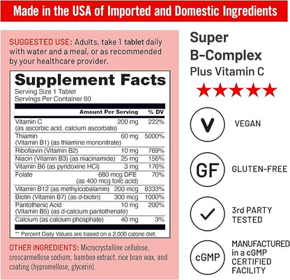 NatureWise Super Vitamin B Complex for Women and Men - with Vitamin C, Folic Acid Biotin B1 B2 B3 B6 B12 - Support Cellular Energy & Mental Clarity - Vegan, Gluten & Dairy Free, Non-GMO - 60 Tablets