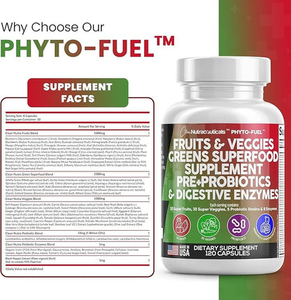 Clean Nutraceuticals Fruits and Veggies Supplement Reds & Green Superfood - Balance of Over 70 Fruit & Vegetable Supplements Capsules with Probiotics Prebiotics Digestive Enzymes - 3Pack
