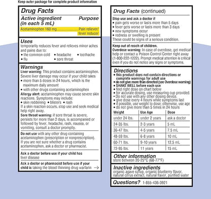 Genexa Kids’ Clean Pain & Fever Acetaminophen, Dye Free, 0% Artificial Additives, Delicious Organic Blueberry Flavor, Liquid Oral Suspension Medicine for Children 2-11, 160 mg per 5mL, 4 fl oz