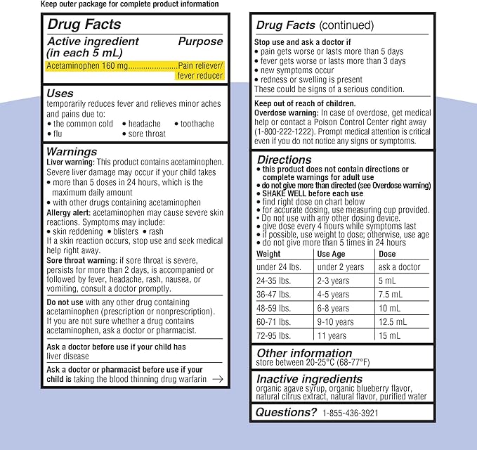Genexa Kids’ Clean Pain & Fever Acetaminophen, Dye Free, 0% Artificial Additives, Delicious Organic Blueberry Flavor, Liquid Oral Suspension Medicine, Children 2-11, 160 mg per 5mL, 8 fl oz (2 Pack)