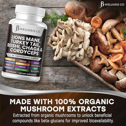 Lions Mane Supplement Cognitive Support, Immune Health with Turkey Tail 20in1 Mushroom Reishi Cordyceps Chaga with Marshmallow Root 60 Count